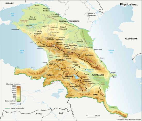 The Caucasus ecoregion, topographic map (map/graphic/illustration)
